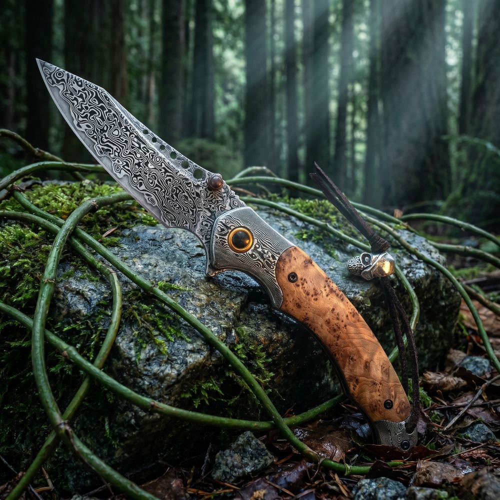 Vintage Collectible Pocket Knives - 고경도 다마스커스 패턴 접이식 나이프 빈티지